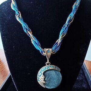 Gorgeous Blue & Gold Seed Bead Pendant Necklace